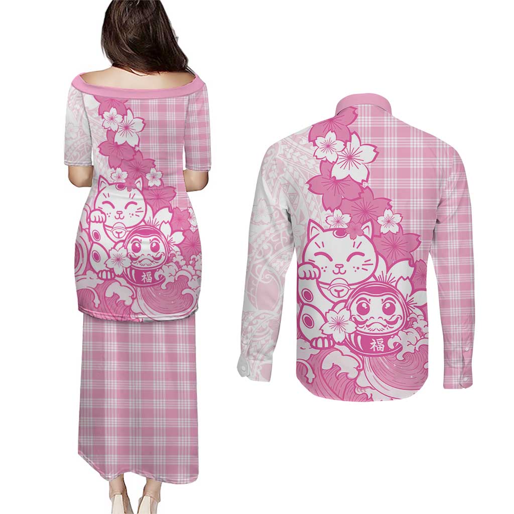 Pink Palaka Hawaiian And Japanese Couples Matching Puletasi and Long Sleeve Button Shirt Maneki Neko And Sakura Bloom DT05 - Polynesian Pride