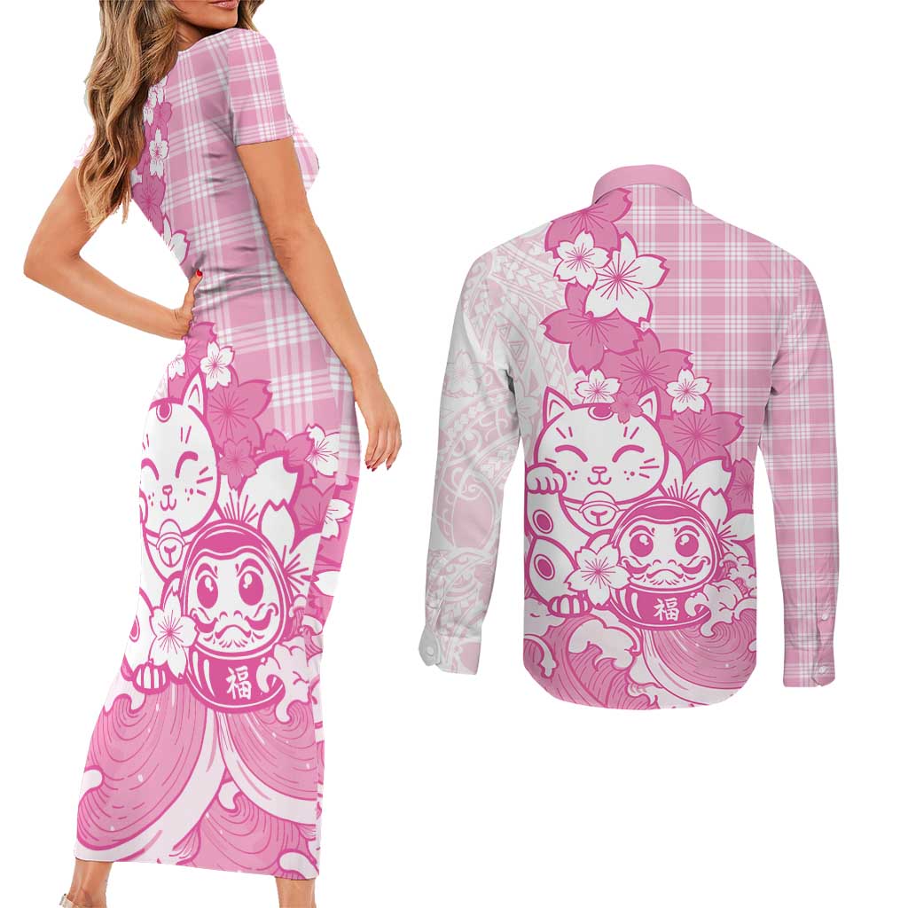 Pink Palaka Hawaiian And Japanese Couples Matching Short Sleeve Bodycon Dress and Long Sleeve Button Shirt Maneki Neko And Sakura Bloom DT05 - Polynesian Pride