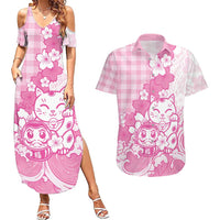 Pink Palaka Hawaiian And Japanese Couples Matching Summer Maxi Dress and Hawaiian Shirt Maneki Neko And Sakura Bloom DT05 Pink - Polynesian Pride