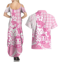 Pink Palaka Hawaiian And Japanese Couples Matching Summer Maxi Dress and Hawaiian Shirt Maneki Neko And Sakura Bloom DT05 - Polynesian Pride