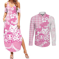 Pink Palaka Hawaiian And Japanese Couples Matching Summer Maxi Dress and Long Sleeve Button Shirt Maneki Neko And Sakura Bloom DT05 Pink - Polynesian Pride