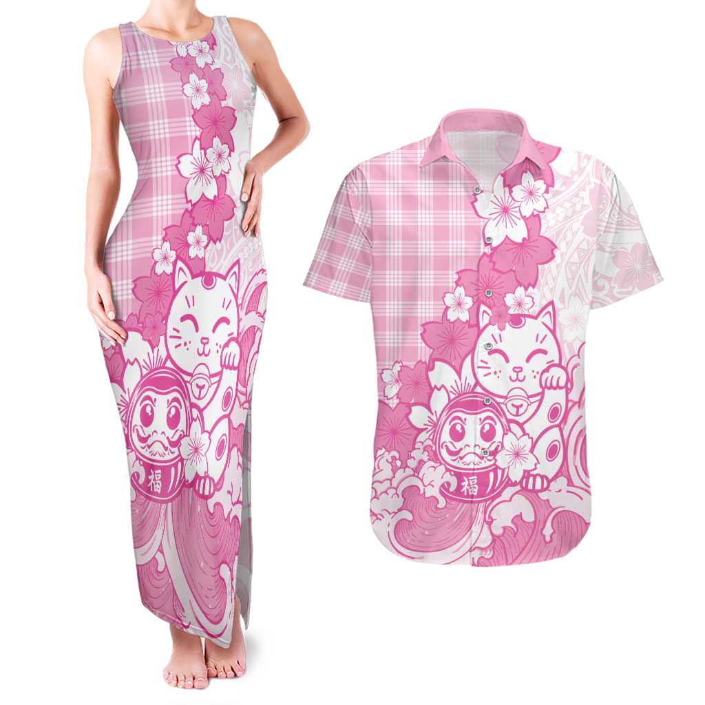 Pink Palaka Hawaiian And Japanese Couples Matching Tank Maxi Dress and Hawaiian Shirt Maneki Neko And Sakura Bloom DT05 Pink - Polynesian Pride