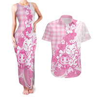 Pink Palaka Hawaiian And Japanese Couples Matching Tank Maxi Dress and Hawaiian Shirt Maneki Neko And Sakura Bloom DT05 Pink - Polynesian Pride