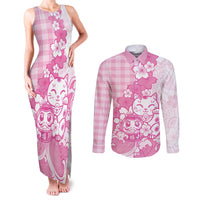 Pink Palaka Hawaiian And Japanese Couples Matching Tank Maxi Dress and Long Sleeve Button Shirt Maneki Neko And Sakura Bloom DT05 Pink - Polynesian Pride