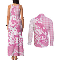 Pink Palaka Hawaiian And Japanese Couples Matching Tank Maxi Dress and Long Sleeve Button Shirt Maneki Neko And Sakura Bloom DT05 - Polynesian Pride