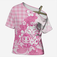 Pink Palaka Hawaiian And Japanese Cross Shoulder Shirt Maneki Neko And Sakura Bloom