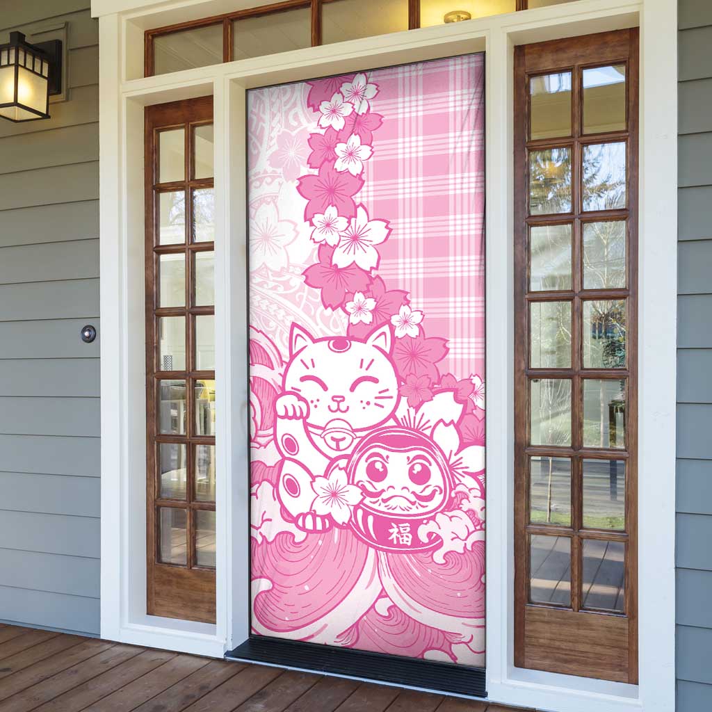 Pink Palaka Hawaiian And Japanese Door Cover Maneki Neko And Sakura Bloom