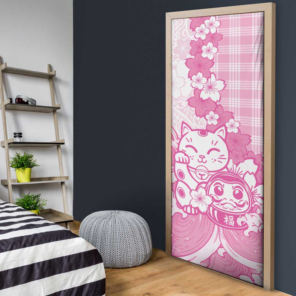 Pink Palaka Hawaiian And Japanese Door Cover Maneki Neko And Sakura Bloom