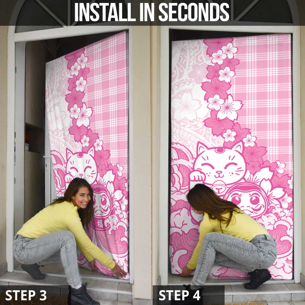 Pink Palaka Hawaiian And Japanese Door Cover Maneki Neko And Sakura Bloom