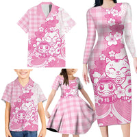 Pink Palaka Hawaiian And Japanese Family Matching Long Sleeve Bodycon Dress and Hawaiian Shirt Maneki Neko And Sakura Bloom DT05 - Polynesian Pride