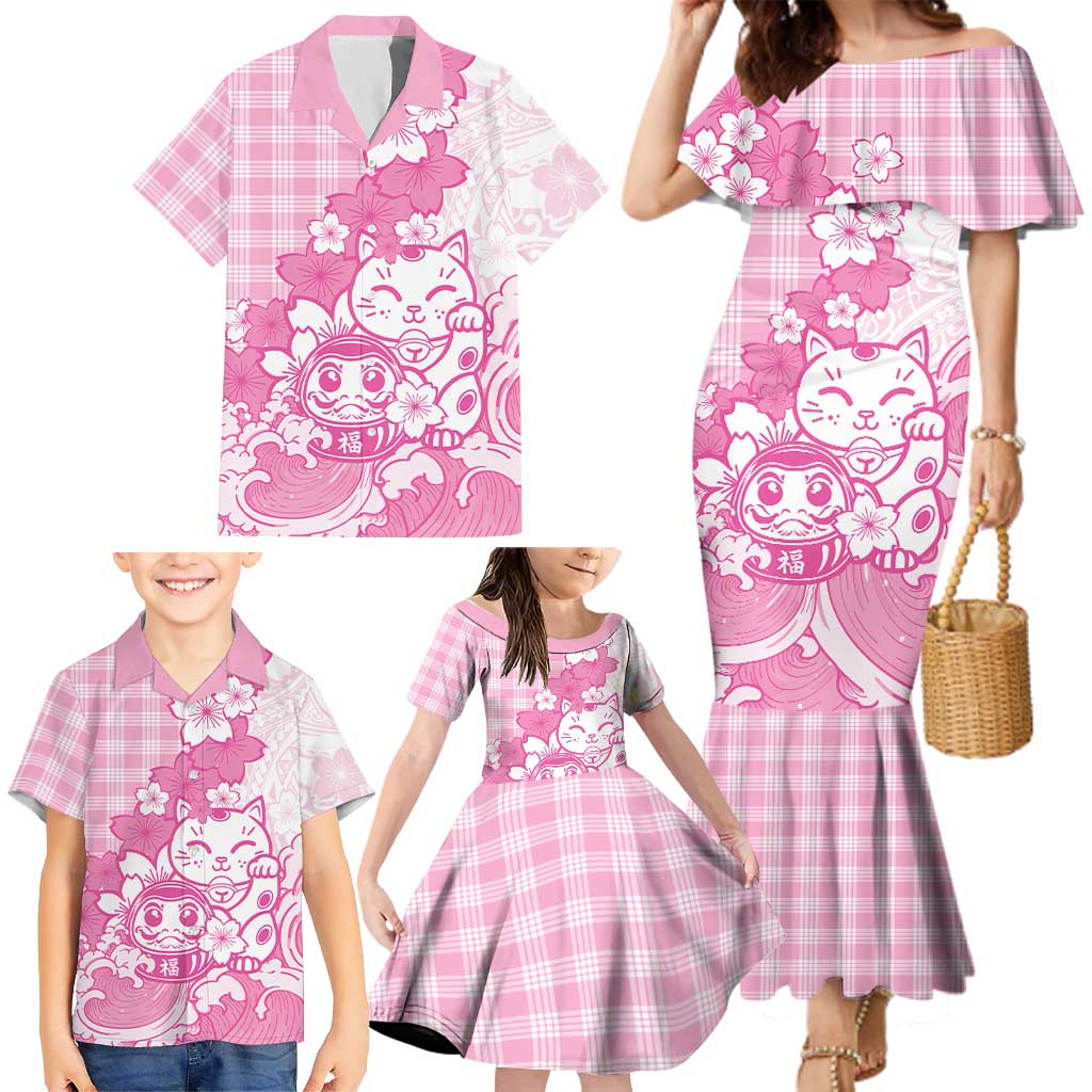 Pink Palaka Hawaiian And Japanese Family Matching Mermaid Dress and Hawaiian Shirt Maneki Neko And Sakura Bloom DT05 - Polynesian Pride