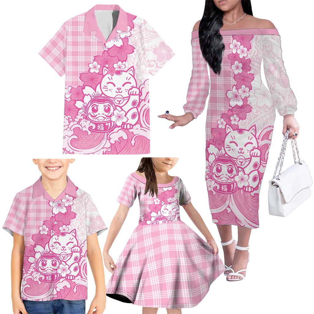 Pink Palaka Hawaiian And Japanese Family Matching Off The Shoulder Long Sleeve Dress and Hawaiian Shirt Maneki Neko And Sakura Bloom DT05 - Polynesian Pride