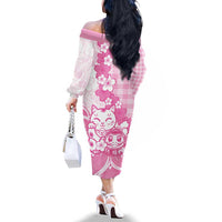 Pink Palaka Hawaiian And Japanese Family Matching Off The Shoulder Long Sleeve Dress and Hawaiian Shirt Maneki Neko And Sakura Bloom DT05 - Polynesian Pride