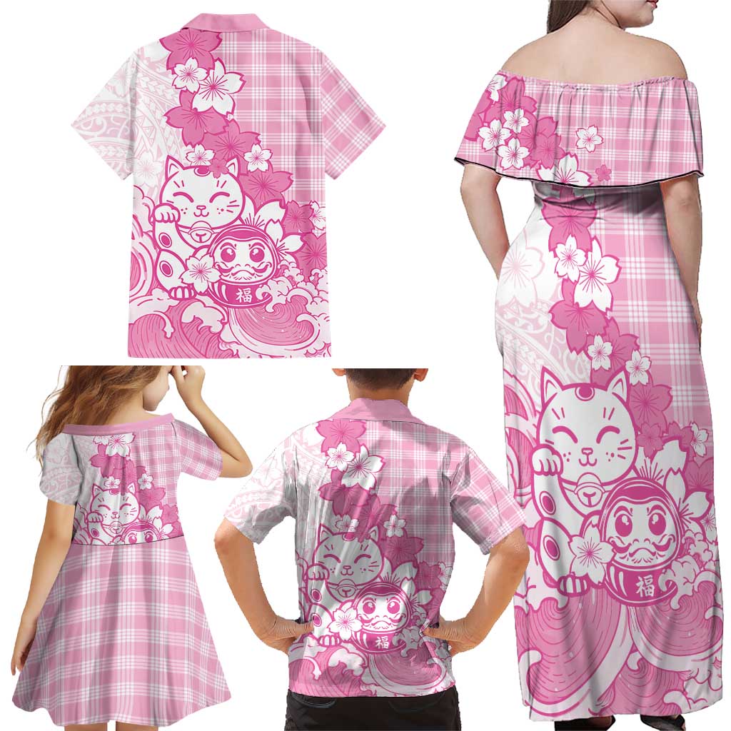 Pink Palaka Hawaiian And Japanese Family Matching Off Shoulder Maxi Dress and Hawaiian Shirt Maneki Neko And Sakura Bloom DT05 - Polynesian Pride