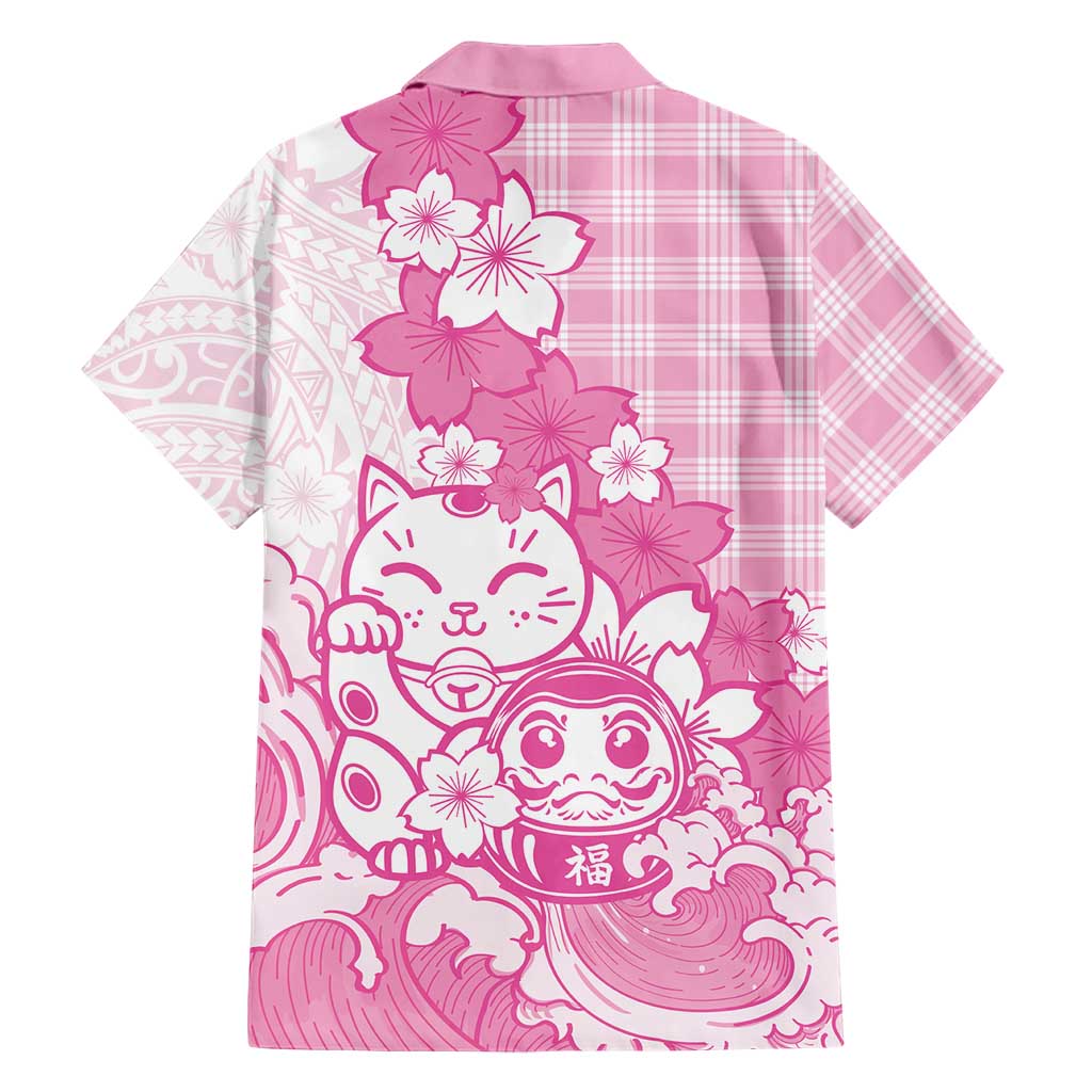 Pink Palaka Hawaiian And Japanese Family Matching Off Shoulder Maxi Dress and Hawaiian Shirt Maneki Neko And Sakura Bloom DT05 - Polynesian Pride