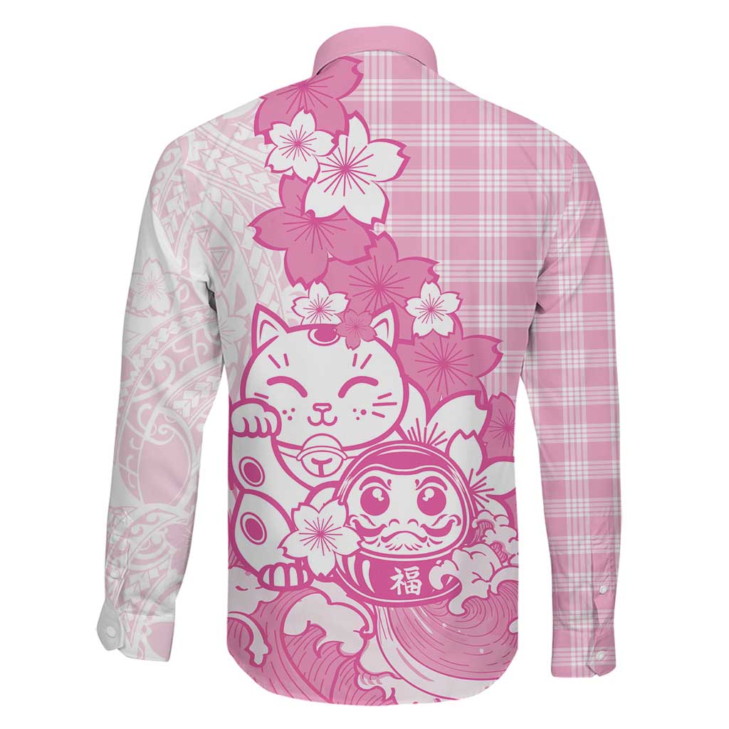 Pink Palaka Hawaiian And Japanese Family Matching Off Shoulder Maxi Dress and Hawaiian Shirt Maneki Neko And Sakura Bloom DT05 - Polynesian Pride