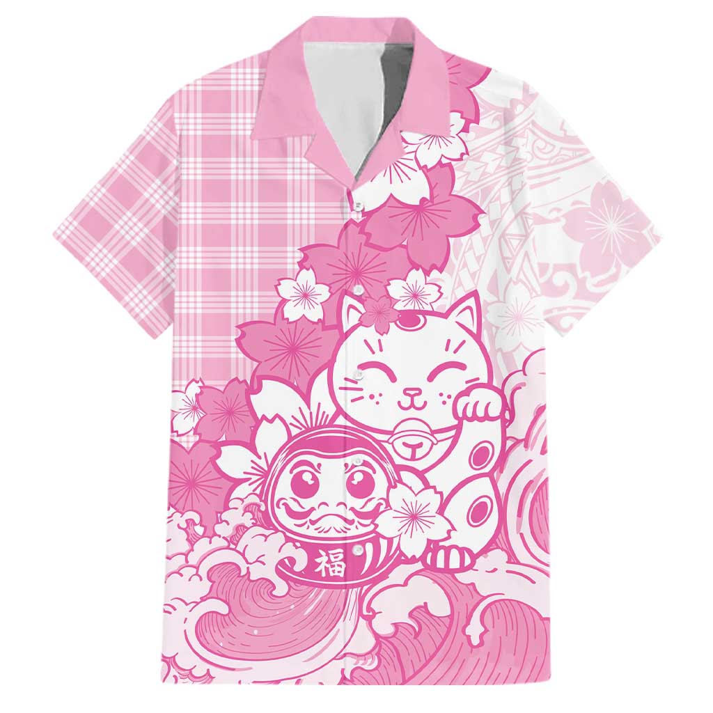 Pink Palaka Hawaiian And Japanese Family Matching Off Shoulder Short Dress and Hawaiian Shirt Maneki Neko And Sakura Bloom DT05 Dad's Shirt - Short Sleeve Pink - Polynesian Pride