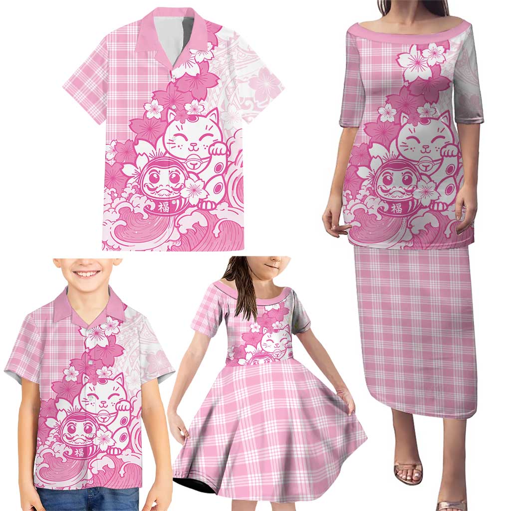 Pink Palaka Hawaiian And Japanese Family Matching Puletasi and Hawaiian Shirt Maneki Neko And Sakura Bloom