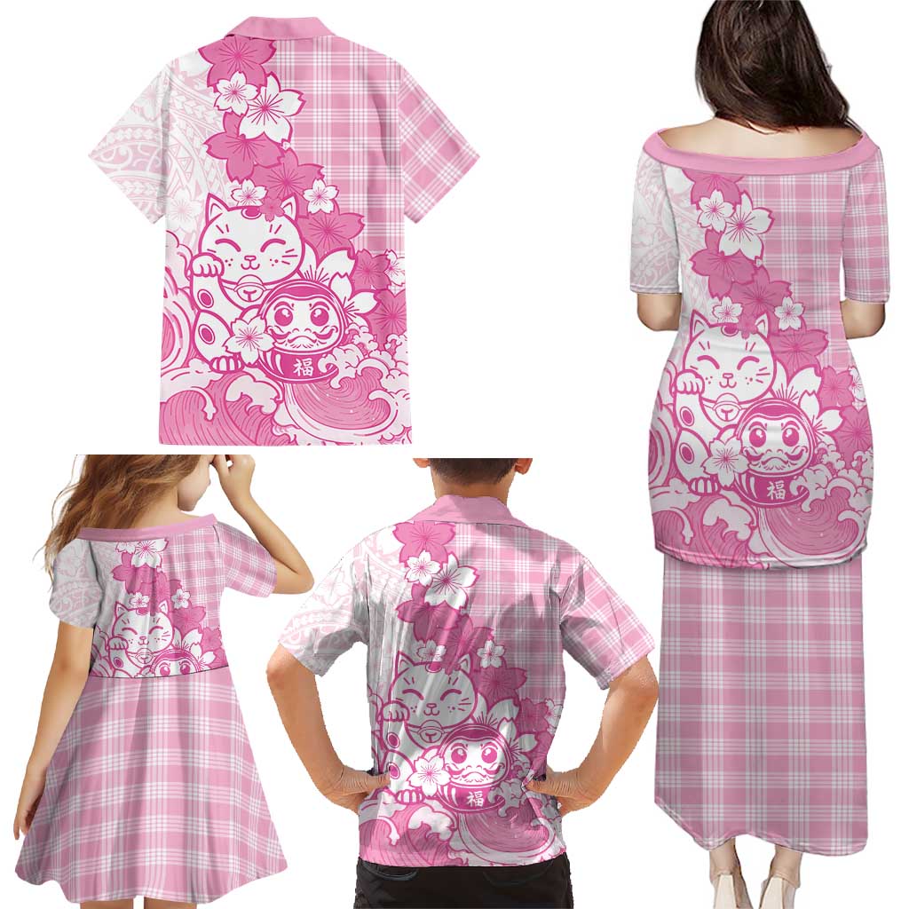 Pink Palaka Hawaiian And Japanese Family Matching Puletasi and Hawaiian Shirt Maneki Neko And Sakura Bloom DT05 - Polynesian Pride