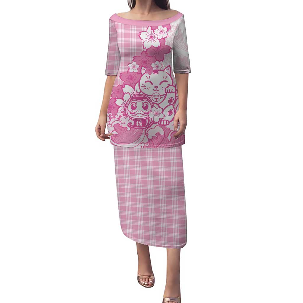Pink Palaka Hawaiian And Japanese Family Matching Puletasi and Hawaiian Shirt Maneki Neko And Sakura Bloom DT05 Mom's Dress Pink - Polynesian Pride