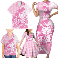 Pink Palaka Hawaiian And Japanese Family Matching Short Sleeve Bodycon Dress and Hawaiian Shirt Maneki Neko And Sakura Bloom DT05 - Polynesian Pride