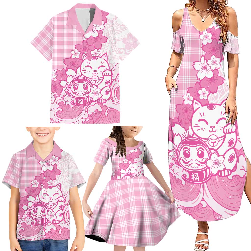 Pink Palaka Hawaiian And Japanese Family Matching Summer Maxi Dress and Hawaiian Shirt Maneki Neko And Sakura Bloom DT05 - Polynesian Pride