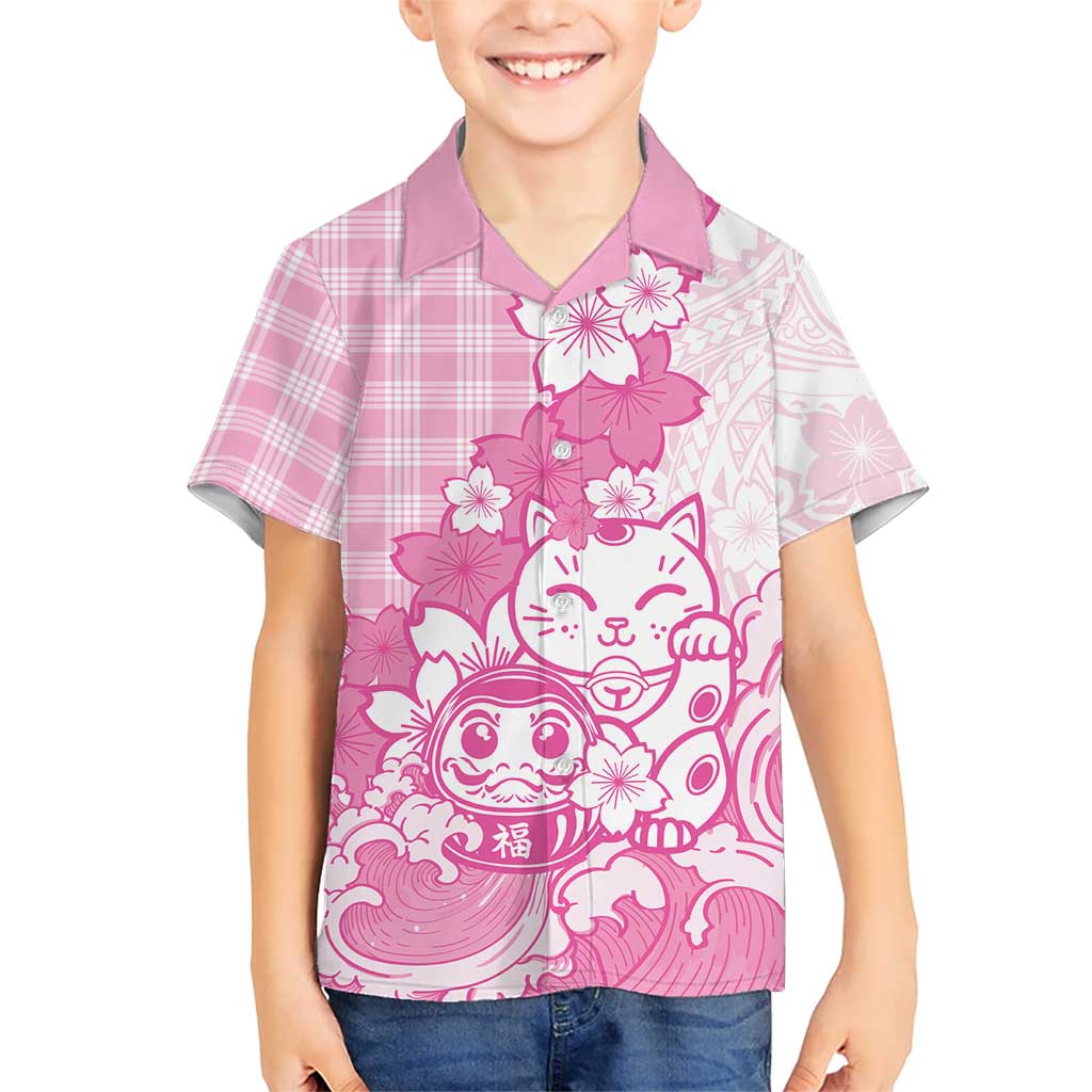 Pink Palaka Hawaiian And Japanese Family Matching Summer Maxi Dress and Hawaiian Shirt Maneki Neko And Sakura Bloom DT05 Son's Shirt Pink - Polynesian Pride