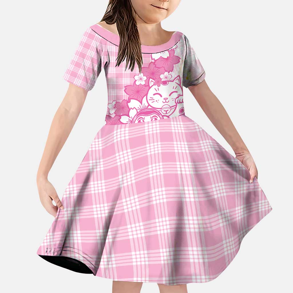 Pink Palaka Hawaiian And Japanese Family Matching Tank Maxi Dress and Hawaiian Shirt Maneki Neko And Sakura Bloom DT05 Daughter's Dress Pink - Polynesian Pride
