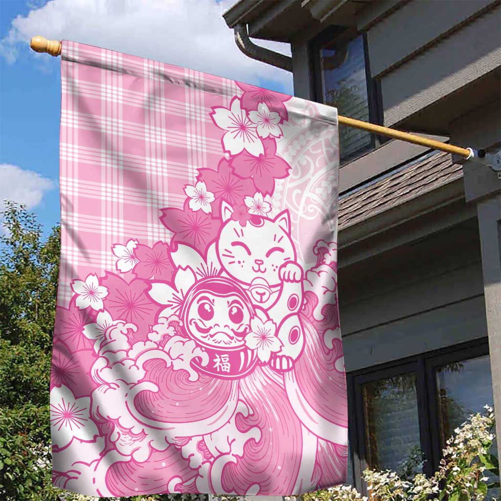 Pink Palaka Hawaiian And Japanese Garden Flag Maneki Neko And Sakura Bloom