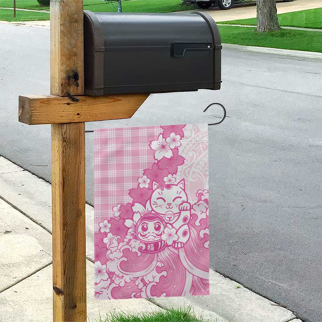 Pink Palaka Hawaiian And Japanese Garden Flag Maneki Neko And Sakura Bloom