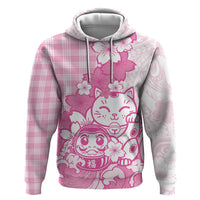 Pink Palaka Hawaiian And Japanese Hoodie Maneki Neko And Sakura Bloom DT05 Pullover Hoodie Pink - Polynesian Pride