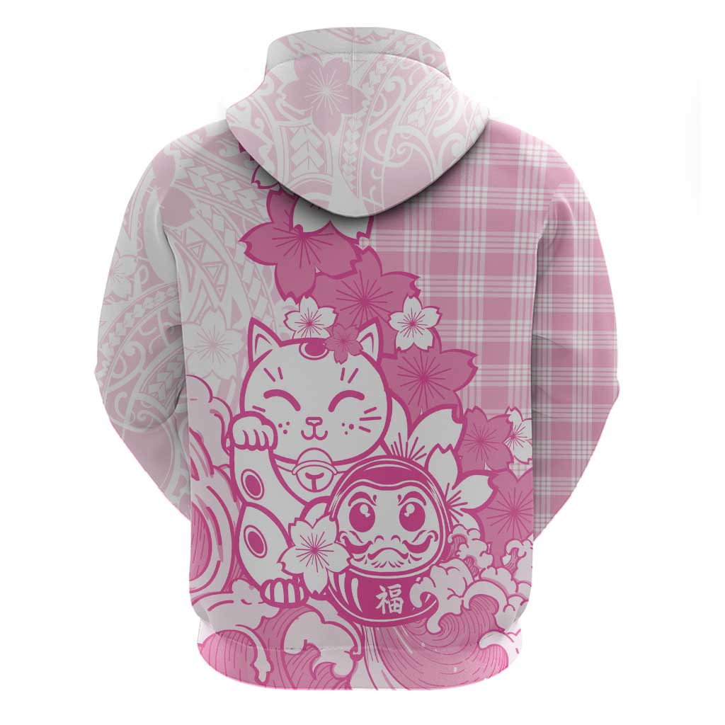 Pink Palaka Hawaiian And Japanese Hoodie Maneki Neko And Sakura Bloom DT05 - Polynesian Pride