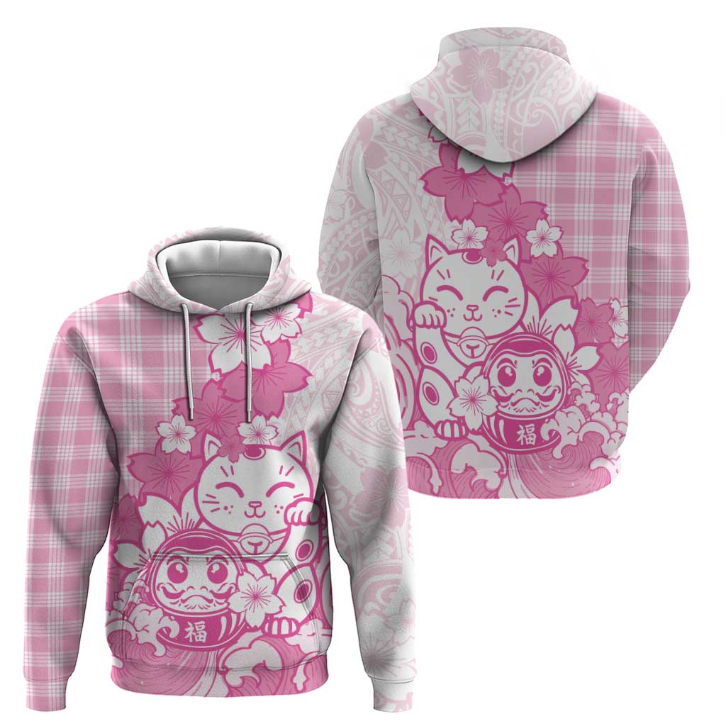 Pink Palaka Hawaiian And Japanese Hoodie Maneki Neko And Sakura Bloom DT05 - Polynesian Pride