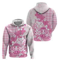 Pink Palaka Hawaiian And Japanese Hoodie Maneki Neko And Sakura Bloom DT05 - Polynesian Pride