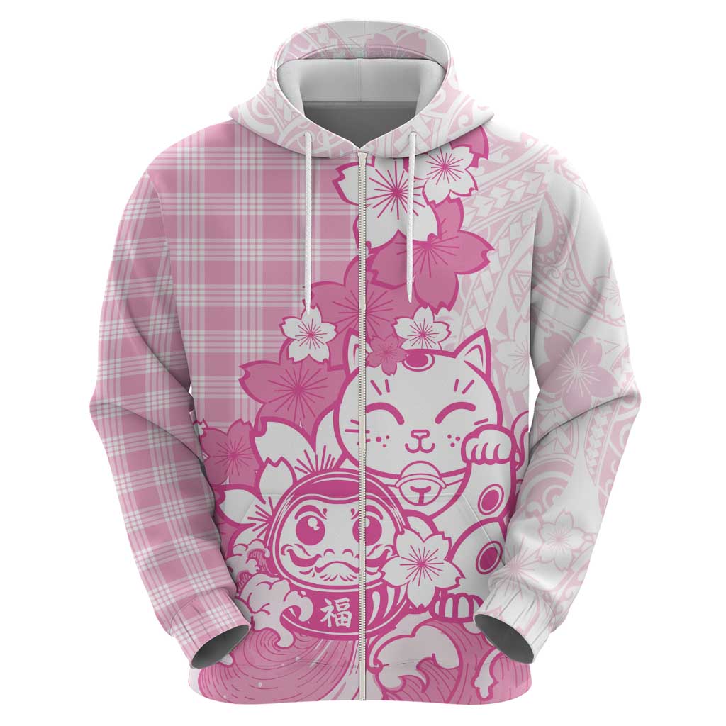 Pink Palaka Hawaiian And Japanese Hoodie Maneki Neko And Sakura Bloom DT05 - Polynesian Pride