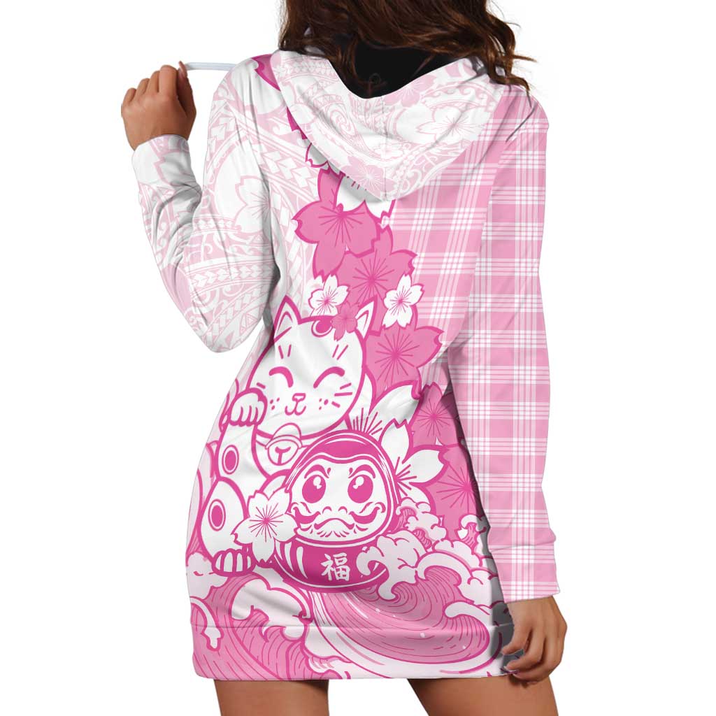 Pink Palaka Hawaiian And Japanese Hoodie Dress Maneki Neko And Sakura Bloom DT05 - Polynesian Pride