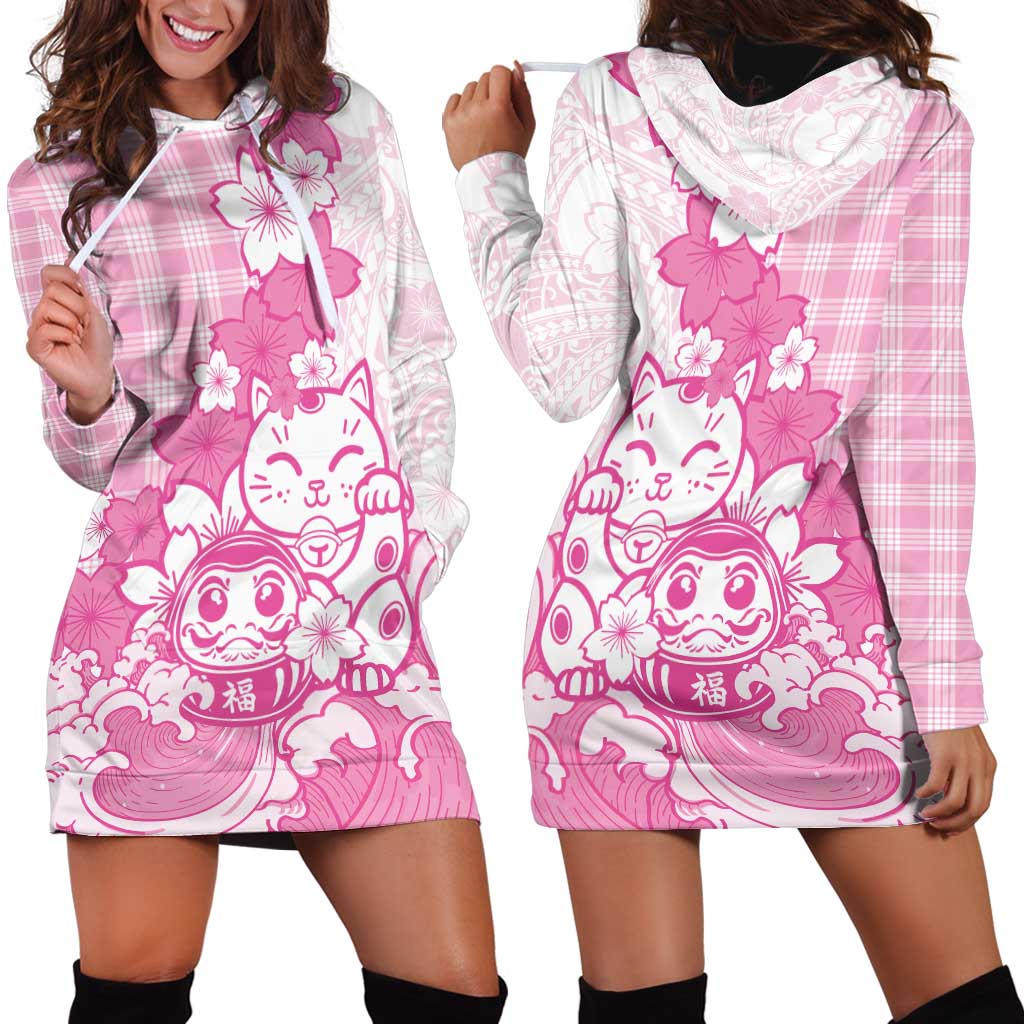Pink Palaka Hawaiian And Japanese Hoodie Dress Maneki Neko And Sakura Bloom DT05 - Polynesian Pride