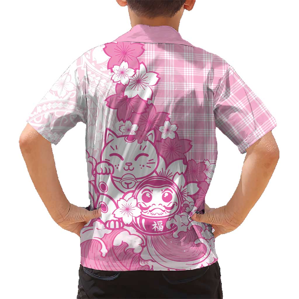 Pink Palaka Hawaiian And Japanese Kid Hawaiian Shirt Maneki Neko And Sakura Bloom