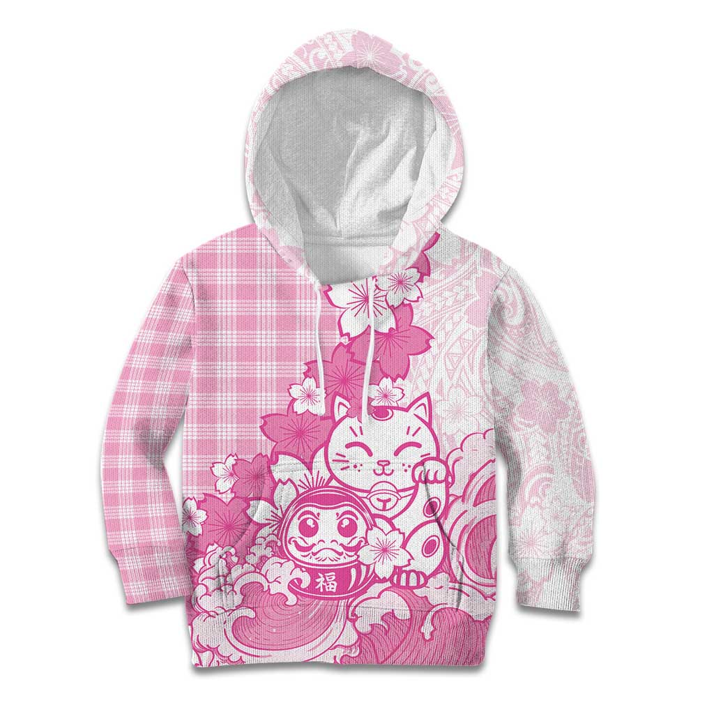 Pink Palaka Hawaiian And Japanese Kid Hoodie Maneki Neko And Sakura Bloom