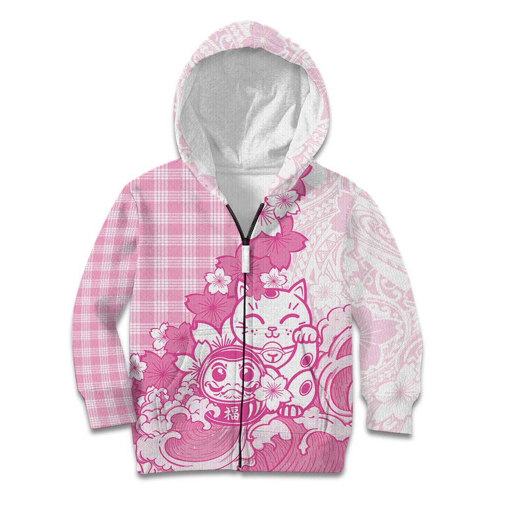 Pink Palaka Hawaiian And Japanese Kid Hoodie Maneki Neko And Sakura Bloom