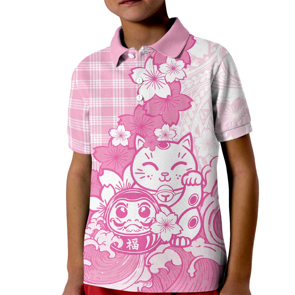 Pink Palaka Hawaiian And Japanese Kid Polo Shirt Maneki Neko And Sakura Bloom