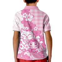 Pink Palaka Hawaiian And Japanese Kid Polo Shirt Maneki Neko And Sakura Bloom