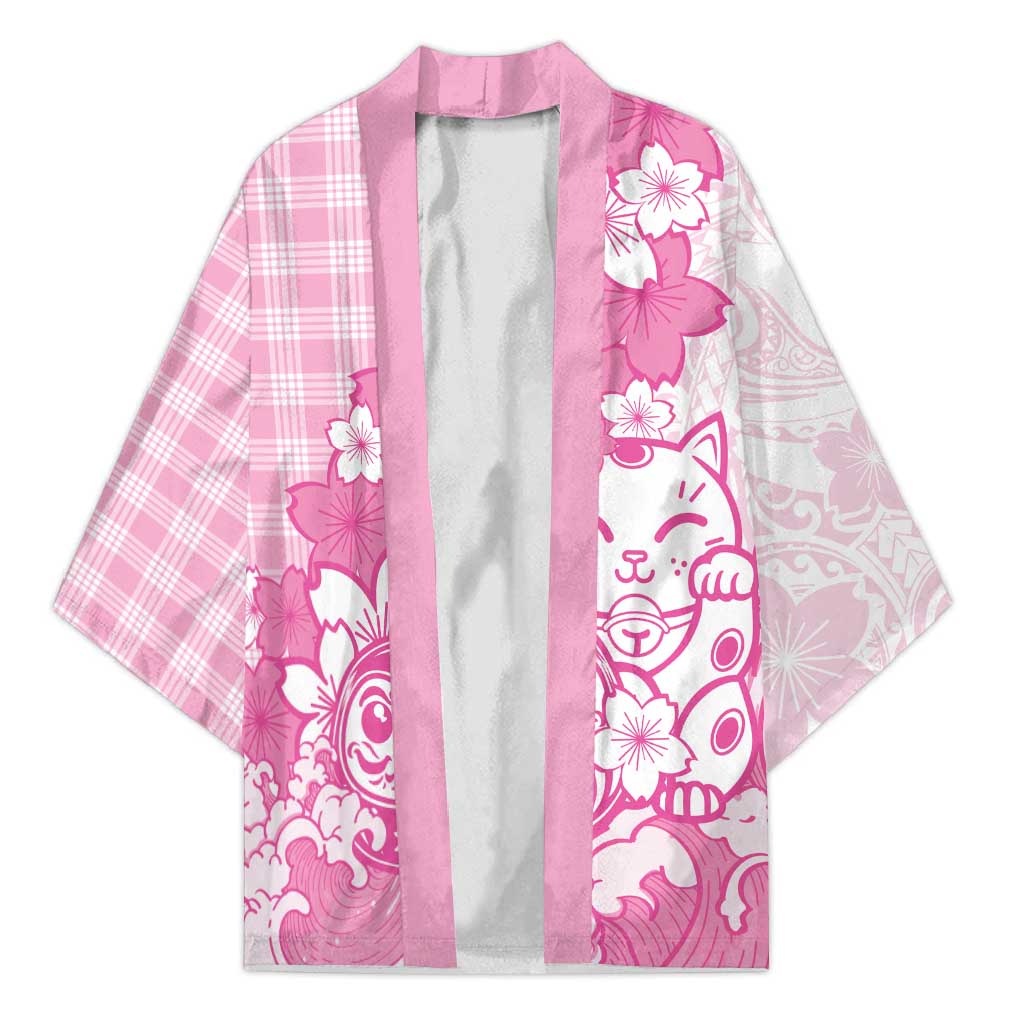 Pink Palaka Hawaiian And Japanese Kimono Maneki Neko And Sakura Bloom