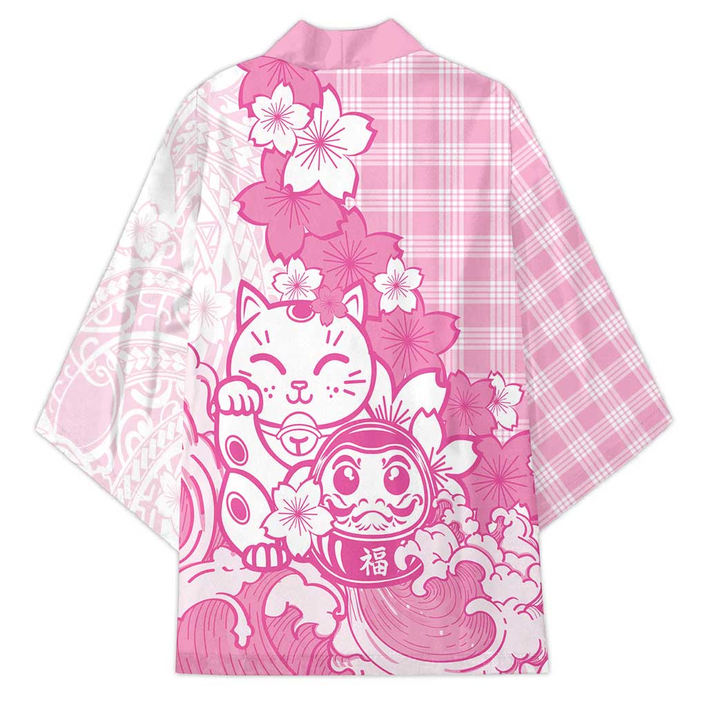 Pink Palaka Hawaiian And Japanese Kimono Maneki Neko And Sakura Bloom