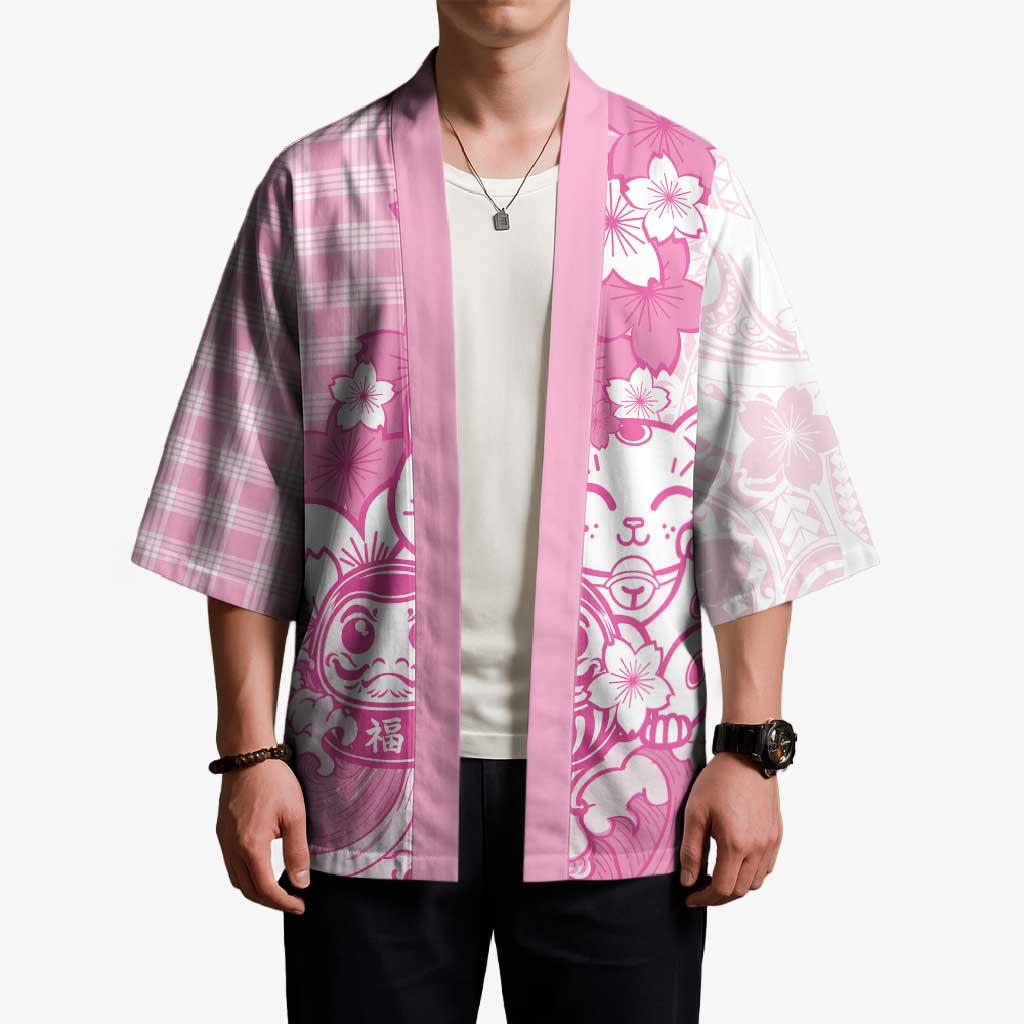 Pink Palaka Hawaiian And Japanese Kimono Maneki Neko And Sakura Bloom