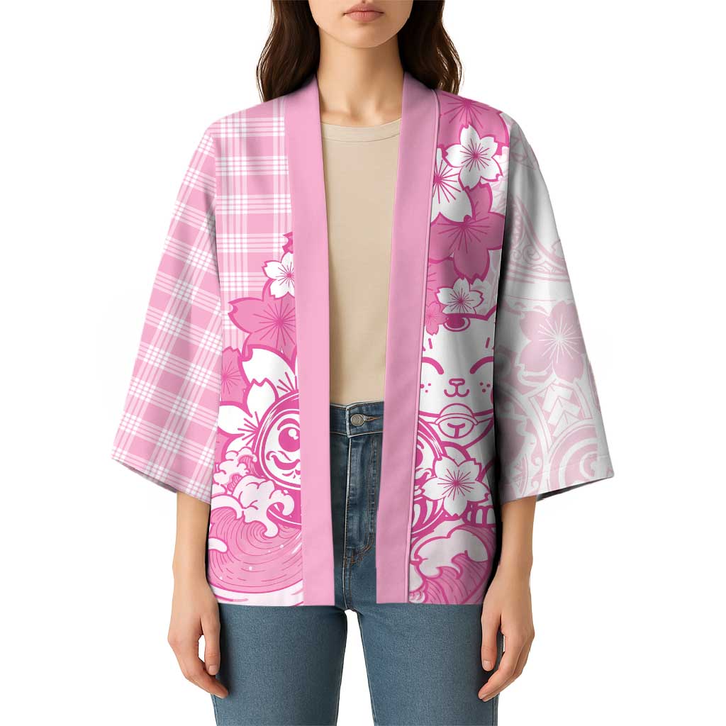Pink Palaka Hawaiian And Japanese Kimono Maneki Neko And Sakura Bloom