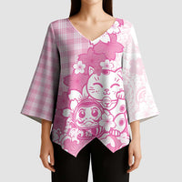 Pink Palaka Hawaiian And Japanese Kimono Sleeve Blouse Maneki Neko And Sakura Bloom