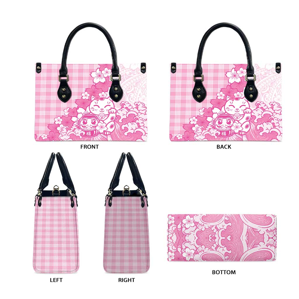 Pink Palaka Hawaiian And Japanese Leather Bag Maneki Neko And Sakura Bloom