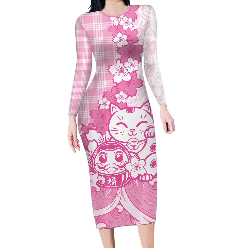 Pink Palaka Hawaiian And Japanese Long Sleeve Bodycon Dress Maneki Neko And Sakura Bloom