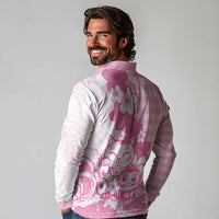 Pink Palaka Hawaiian And Japanese Long Sleeve Polo Shirt Maneki Neko And Sakura Bloom